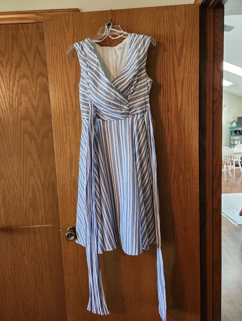Calvin Klein Blue and White Striped Midi Wrap Dress